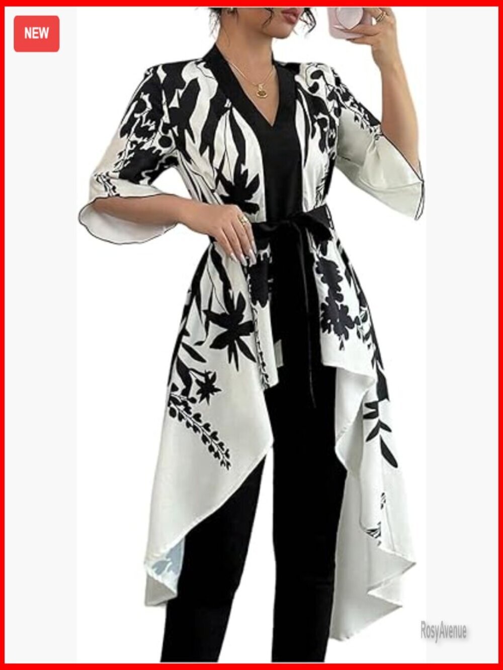 Floral Bell Sleeve Blouse V-Neck High Low Tie Front Work Top